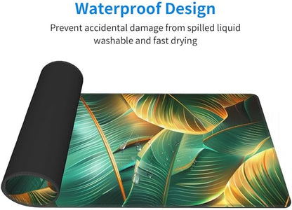CANFLASHION Desk Pad,Office Desk Mat 31.5"×11.8" Large Gaming Mouse Pad,Durable Extended Computer Mouse Pad,Waterproof Thick Big Mouse Pads with Non-Slip Rubber Base Office Home Gold Green Palm Leaves
