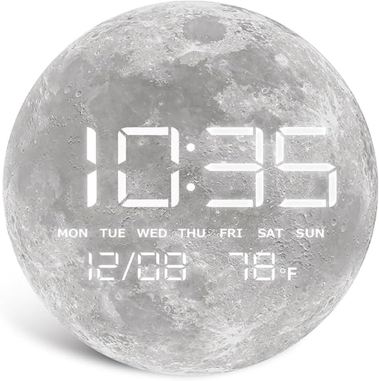 HOMLOVE Digital Desk Clock with Large LED Display, Moon Modern Date Temperature Clock [TYPC-in] for Shelf, Table, Mantel or Bedside, (Moon, 7.87 INCH)