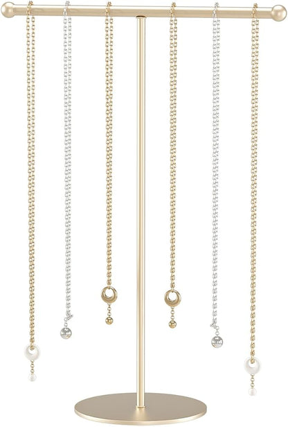 Justsoso Metal T-Bar Necklace Holder Stand, Necklace Hanging Display Stand, Tabletop Jewelry Organizer Stand for Necklace Bracelet Earring Display (Gold With Metal Base)