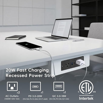 Havorbit 20W Recessed Power Strip USB, 2 AC Outlets + 1 USB-C + 1 USB-A Ports, 6ft Cord, Space Saving Furniture Outlet for Desk/Bedside/Kitchen/Drawer (18W USB-A & 20W USB-C Fast Charge)