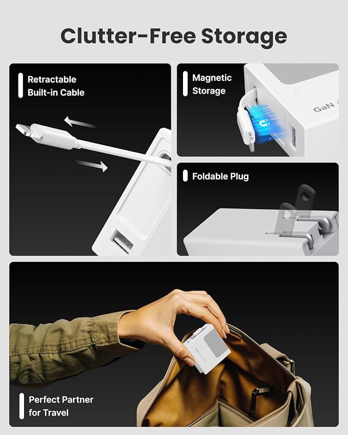 Portable Charger Block, Retractable Wall Charger, 40W PD Fast Charging Block with 31.5in Lightning Cable, Power Adapter with Foldable Plug for iPhone14/13/12, White