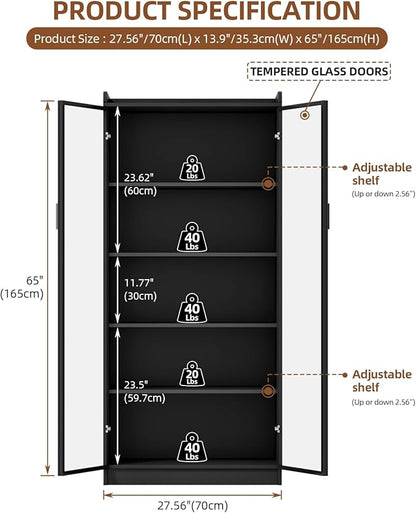 Dystler Display Cabinet with Glass Doors and Shelves, 65" Tall Curio Cabinet with LED Lights/Human Sensor, 5 Tier Display Case for Collectibles Bedroom Living Room Office, Black