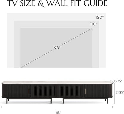 POVISON Sliding Tambour Door TV Stand, Mid Century Modern TV Console, Wood Media Console, Entertainment Center with Storage Cabinet, Fully-Assembled (Black, 118.11")
