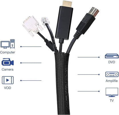 QCSIW 50ft - 1/2 Inch Heavy-Duty Braided Cable Sleeve, Split Wire Loom Tubing Cord Protector for USB/Power/Audio Cables - Flame Retardant, Pet Chew Proof - Black