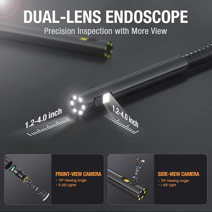 Dual Lens Endoscope with 5" Monitor, Teslong NTS500 Industrial Waterproof Borescope Inspection Camera with 0.21in Front & Side-View Double Lens with 9.8FT Probe, 5-Inch IPS LCD Screen & Case