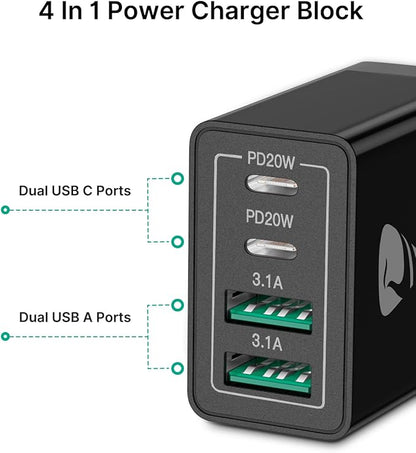 [2-Pack] USB C Wall Charger, Aiminu 40W Fast USB C Charger, 4-Port QC+PD 3.0 Power Adapter Double Fast Wall Plug Type C Charging Block for iPhone 15/14 Pro Max/13/12 mini/11/XS/XR,Tablet, Cube