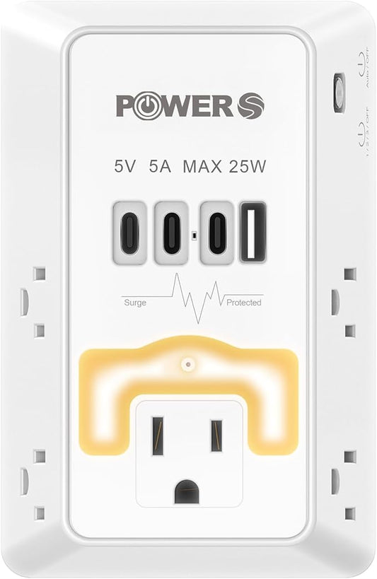 Electrical Outlet Extender with USB Ports (3C1A), Snug Wall Outlet with Night Light, Surge Protector, Wall Plug Adapter for Multiple Devices, Wall Socket Expander