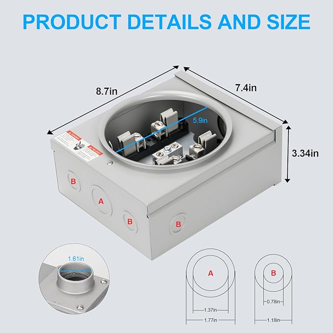 100 Amp Meter Socket, 4 Jaw Meter Base, 600V 3 Wire Ring Type, with Horn Bypass Meter Cover Plate, Suitable for Overhead/Underground Feed