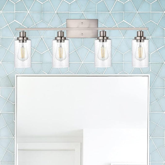 WINSHEN 4-Lights Modern Vanity Light Fixtures for Bathroom Over Mirror, Farmhouse 31-Inches Length Seeded Glass Bath Wall Sconce Lighting in Brushed Nickel