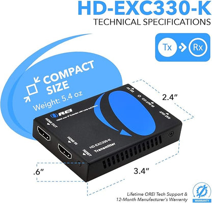OREI HDMI over Ethernet Extender Over CAT5/CAT6 over IP one to many option, with IR Upto 330 Feet - Loop Out - 1080P Full HD Signal Distribution (HD-EXM330-K)