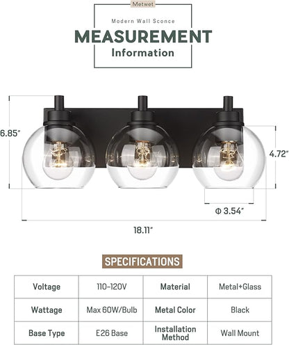 METWET Bathroom Light Fixtures, 3-Light Matte Black Vanity Light, Modern Wall Sconces with Clear Glass Globe Shade, Bathroom Wall Lights for Mirror Kitchen Bedroom Hallway, VL195-MB-3