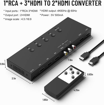 Dingsun 3 Way HDMI 2.0+ RCA to 2 Way HDMI Converter for Fire Stick，ROKU, N64, NGC, Wii, PS2/3/4/5, Xbox Series, Xbox ONE, Switch ect.(4In to 2Out)