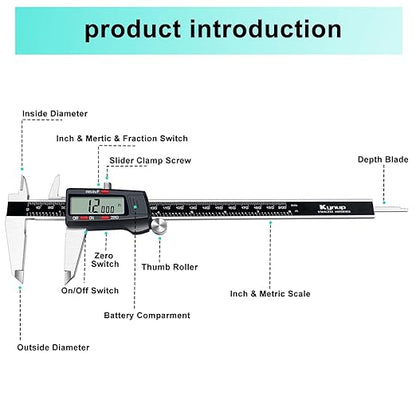 Kynup Digital Caliper, 8 Inch Micrometer Caliper Tool, Vernier Caliper with Stainless Steel Body, Large LCD Screen, Auto - Off Feature, Inch Metric Fraction Conversion (200mm)