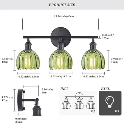 Shenmoyl Bathroom Light Fixtures, 3-Light Black Vanity Wall Light Over Mirror with Green Tulip Glass Shade for Bedroom Living Room (Bulb Not Included)