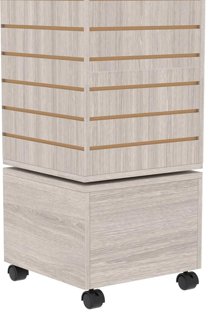 16" W * 16" D * 62" H - Slatwall Tower, Four Panel Slatwall Retail Fixture, Rotating Retail Display Rack (Gray Wood Grain)