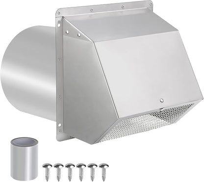 10 Inch Hooded Wall Vent with Screen and Damper, Exterior Wall Exhaust Vent Cover Cap for Kitchen Range Hood Dryer Ventilation and Outdoor Air Exhaust, Stainless Steel