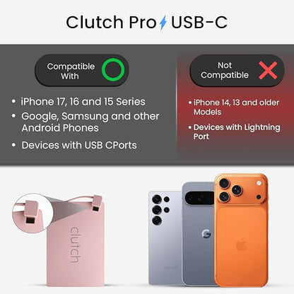 Clutch - Pro USB-C Portable Charger - Compatible with iPhone 15, 16, 17 & Android Devices - Power Bank Magnetic Battery - TSA Travel Approved - USB Rechargeable - Built-in Cable - 5000 mAh - 3.7oz