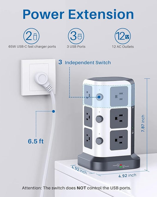 KOOSLA [65W] PD Power Strip Tower Surge Protector, USB C Desktop Charging Station with 12 Widely Spaced AC Outlets / 2 USB-C / 3 USB-A Ports, 6.5ft Heavy-Duty Extension Cord for Home Office Dorm