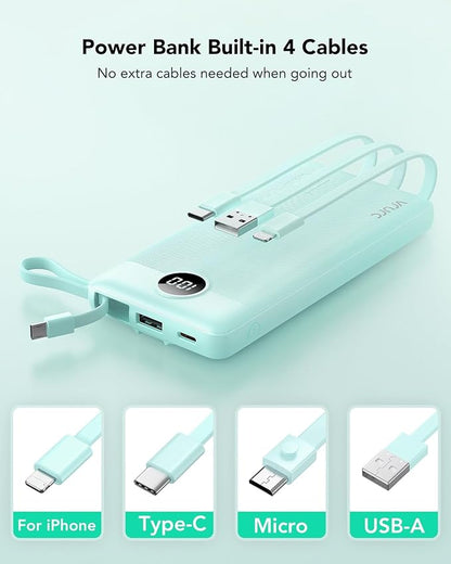 VRURC Portable Charger for iPhone, 22.5W Fast Charging Power Bank 10000mAh, USB C Battery Pack 4 Outputs 3 Inputs, Slim Phone Charger with Cables for iPhone 17 16 15 14 13,Samsung Galaxy-Green(1 Pack)