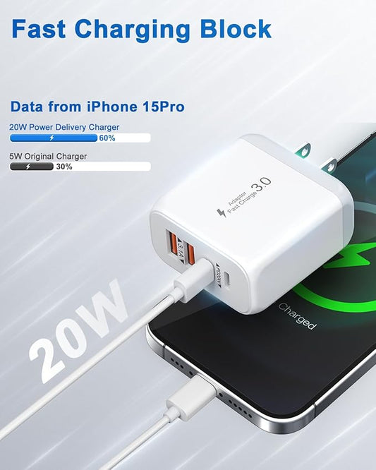 40W USB C Charger Block, 3 Pack 4-Ports Type C Fast Charging Cubes PD USBC Wall Plug+QC 3.0 USB A, Multiple USB C Charger for iPhone 16/15/14/13/12/11 Pro Max/XS, Samsung Galaxy, iPad, Tablet, Pixel
