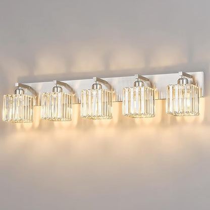FDPBY Modern Vanity Light 5-Lights Brushed Nickel Vanity Light Crystal Bathroom Wall Light Bathroom Light Fixtures