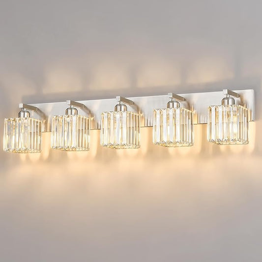 FDPBY Modern Vanity Light 5-Lights Brushed Nickel Vanity Light Crystal Bathroom Wall Light Bathroom Light Fixtures