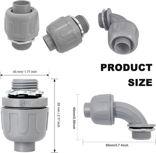 3/4 inch Liquid Tight Connector PVC Flexible Conduit Connector UL Listed Liquid Tight Connector Non-Metallic Electrical Conduit Fittings 30 Pack (15 Pcs 180D/15 Pcs 90D)
