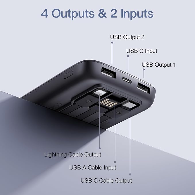 2025 Portable Charger with Built in Cables, 12800mAh Travel Essential Battery Pack, 4 Outputs 2 Inputs Slim Power Bank with Cord Wires Compatible with iPhone,Samsung,Android (2 Pack)