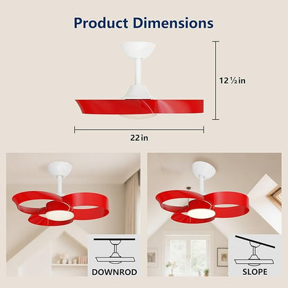 FANX 22 Inch Ceiling Fan with Light and Remote, Quiet DC Motor, Dimmable LED, Reversible 3-Speed Control, Easy Installation Flush Mount Fan for Small Rooms (Red)