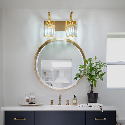 FDPBY Bathroom Crystal Vanity Lights 2-Light Gold Wall Lamp Modern Crystal Bathroom Light Fixtures Over Mirror 13.77" Long Wall Sconce