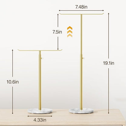 Josmimic Gold Necklace Holder Jewelry Organizer Stand – Adjustable Height T‑Bar Jewelry Display with White Marble Base, Necklace & Bracelet Holder, Countertop Jewelry Stand