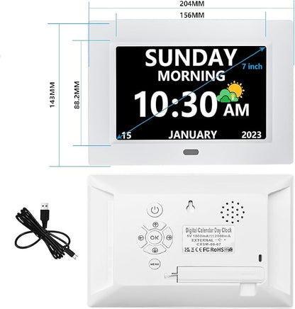 MRCHYDZ 7 Inch Clock with Day and Date for Elderly Large Display Digital Clocks 12 Alarm 3 Display Modes Large Font Alzheimer's Clock Alarm Clocks for Seniors Auto DST White