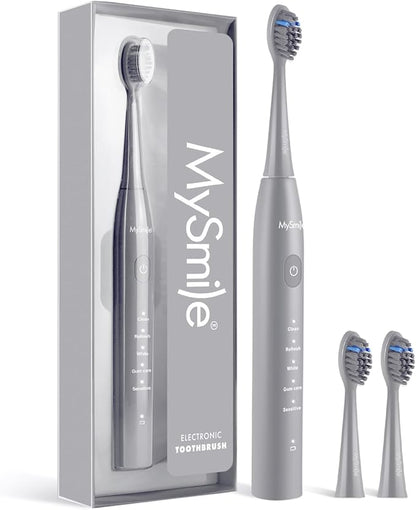 MySmile DY156 Electric Toothbrush for Adults, Rechargeable Sonic Battery Toothbrush Portable with 3 Brush Heads, 2 Mins 5 Modes Smart Timer, 45000VPM, One Charge for 60 Days – Gray