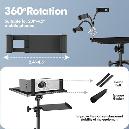 OUKMIC Projector Stand Tripod Laptop Tripod on Wheels with 2 Shelves, Adjustable Height 26 to 49 Inch Portable Podium Stand with Gooseneck Phone Holder for Office, School, Home, DJ Racks
