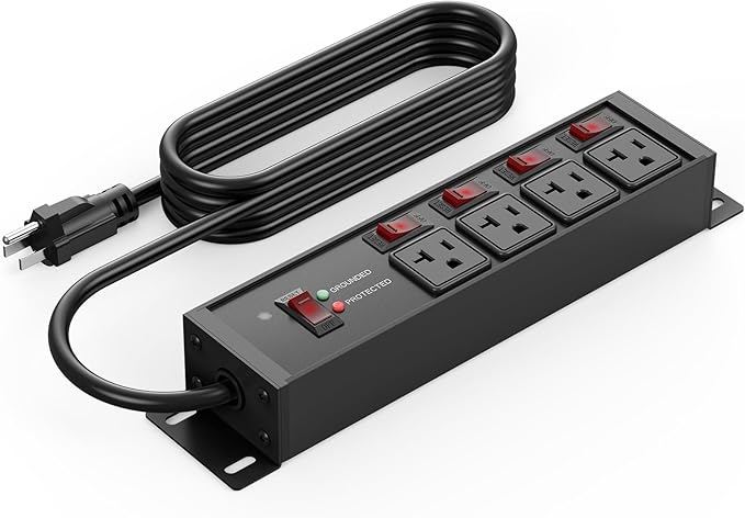 CCCEI Heavy Duty Surge Protector Power Strip 20 Amp Individual Switches. 6FT 12 Gauge Extension Cord with Multiple Outlets. Kitchen, Garage, Shop, Industrial Wall Mount Electric Extender, Black.