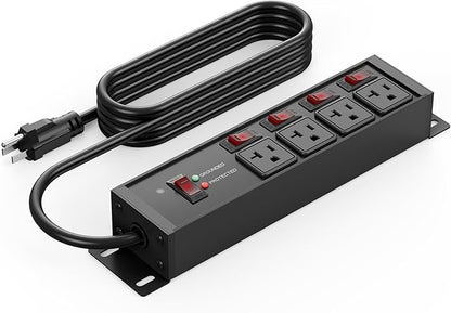 CCCEI Heavy Duty Surge Protector Power Strip 20 Amp Individual Switches. 25FT 12 Gauge Extension Cord with Multiple Outlets. Kitchen, Garage, Shop, Industrial Wall Mount Electric Extender, Black.