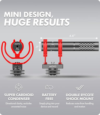 Movo X1-Mini Video Shotgun Mic for Camera - Supercardioid 3.5mm/USB-C Analog/Digital Camera Microphone for DSLR, iPhone and Android Smartphones, Computers - Compatible with Canon EOS, Nikon, Sony