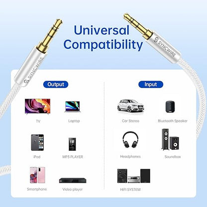 SYNCWIRE 3.5mm Nylon Braided Aux Cable (3.3ft/1m,Hi-Fi Sound), Audio Auxiliary Input Adapter Male to Male AUX Cord for Headphones, Car, Home Stereos, Speaker, iPhone, iPad, iPod, Echo & More – Silver