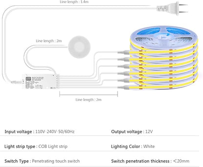 CHNMALITAI Under Cabinet LED Lighting kit, 6 PCS 6500K White LED Strip Lights Penetrable Wood Touch Dimmable COB LED Strip with 60W Adapter for Kitchen Cabinet,Counter,Shelf,TV Back,Showcase