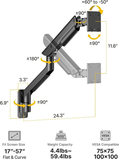monTEK Heavy-Duty Single Monitor Wall Mount for 17-57” Ultrawide Screens up to 59.4lbs, Premium Aluminum Wall Mount Monitor Arm with Full Motion Adjustment, Pneumatic Lift, Max VESA 100x100
