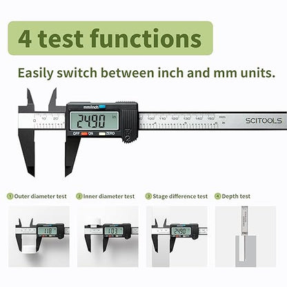 SCITOOLS Digital Caliper 0-6" Measuring Tool, Micrometer Caliper with Auto-Off Feature, Interchangeable Between inches and millimeters for Jewelry Measurement and 3D Printing