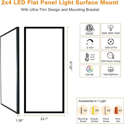 Mcacggo Black 2x4 FT LED Flat Panel Light Surface Mount 2 Pack, 0-10V Dimmable, 5000K-4000K-3000K & 30W-40W-50W Selectable, Flush Mount Ceiling Lights 24x48 inch, ETL Listed, 100-277V