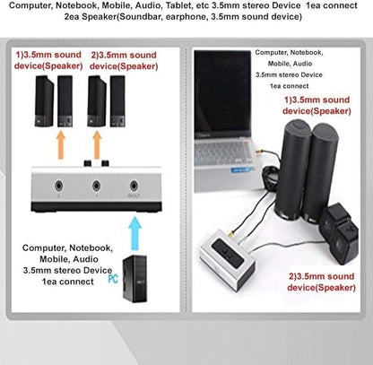 NETMATE 3-Port 3.5mm Stereo Audio Switch, 3.5mm+RCA Audio Switcher 2 Input 1 Output/Audio Splitter Bidirectional Audio Switch with Volume Control Switch Knob for Speaker Headphone