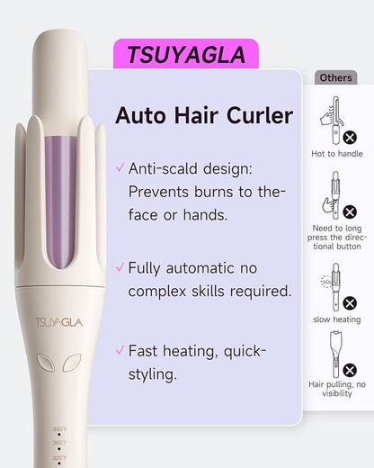 TSUYAGLA Automatic Hair Curler, 1 1/4 Inch Rotating Curling Iron with 3 Temp, 500 Million Ionic, 2-Way Rotation,10S Fast Heating, Anti-Scald, Anti-Tangle Rotating Curling Wand for Long Hair