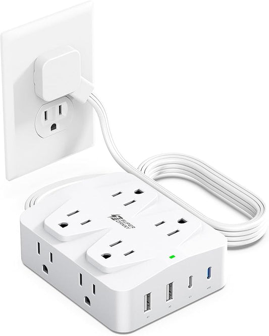 35W Fast Charging SUPERDANNY 4-Outlet 4-USB Power Strip with 20W C Port Fast Charge–6FT Extension Cord, Surge Protector 1080J, Overload Switch, Mountable, for Home, Office, School, Dorm - White