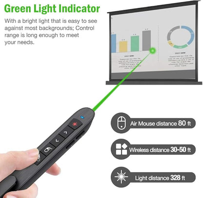Air Mouse Green Presentation Remote Control USB Rechargeable Presentation Clicker Wireless Presenter RF 2.4 GHz Powerpoint Clicker Slide Advancer Changer Mac/Laptop/Computer