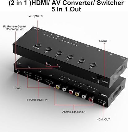 Dingsun 3 Way HDMI 2.0 to HDMI Switcher + 2 Way RCA to HDMI Converter for Fire Stick，ROKU, N64, NGC, Wii, PS2/3/4/5, Xbox Series, Xbox ONE, Switch ect.