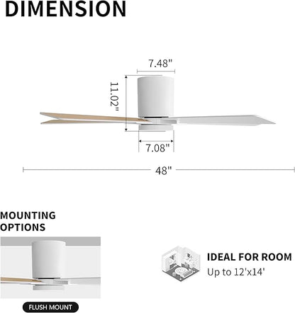 WINGBO 48" DC Flush Mount Ceiling Fan with Lights, 6-Speed Reversible DC Motor, 3CCT, Low Profile Hugger Ceiling Fan for Living Room Bedroom Kitchen, White Finish and White/Oak Blades