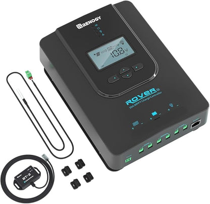 Renogy Solar Charge Controller (Bluetooth) -Rover 30A 12V24V Auto DC Input MPPT Charge Controllers for Solar Panels Adjustable LCD for Gel Sealed Flooded Lithium Batteries