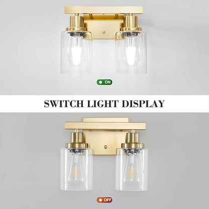 DIKAIDA 2-Light Brushed Gold Vanity Lights for Bathroom, Brushed Gold Bathroom Light Fixtures, Modern Vanity Lighting Over Mirror with Clear Glass Shade, Farmhouse Bath Wall Lamp for Mirror